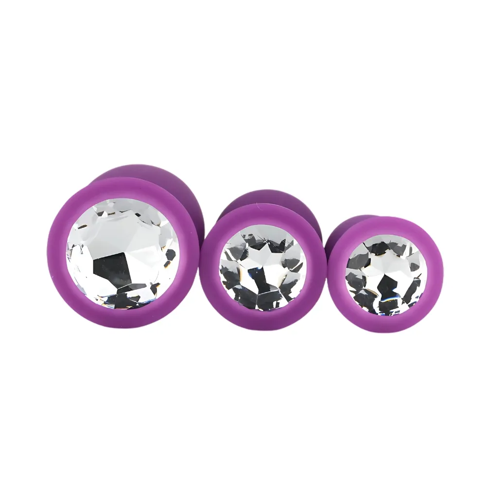Toosh Plug Anal de Silicone Roxo Conjunto de 3 Pedra Transparente
