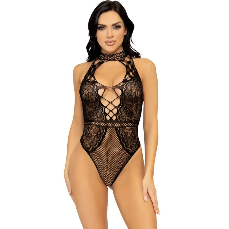 Leg Avenue - Body Halter de Rede e Renda com Decote de Fechadura Tamanho Único