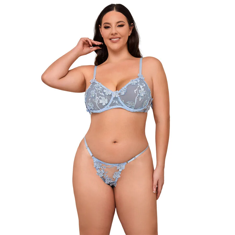 SUBBLIME - 957636 CONJUNTO DE SUTIÃ E CALCINHA BORDADOS COM FLORES AZUL CELESTE