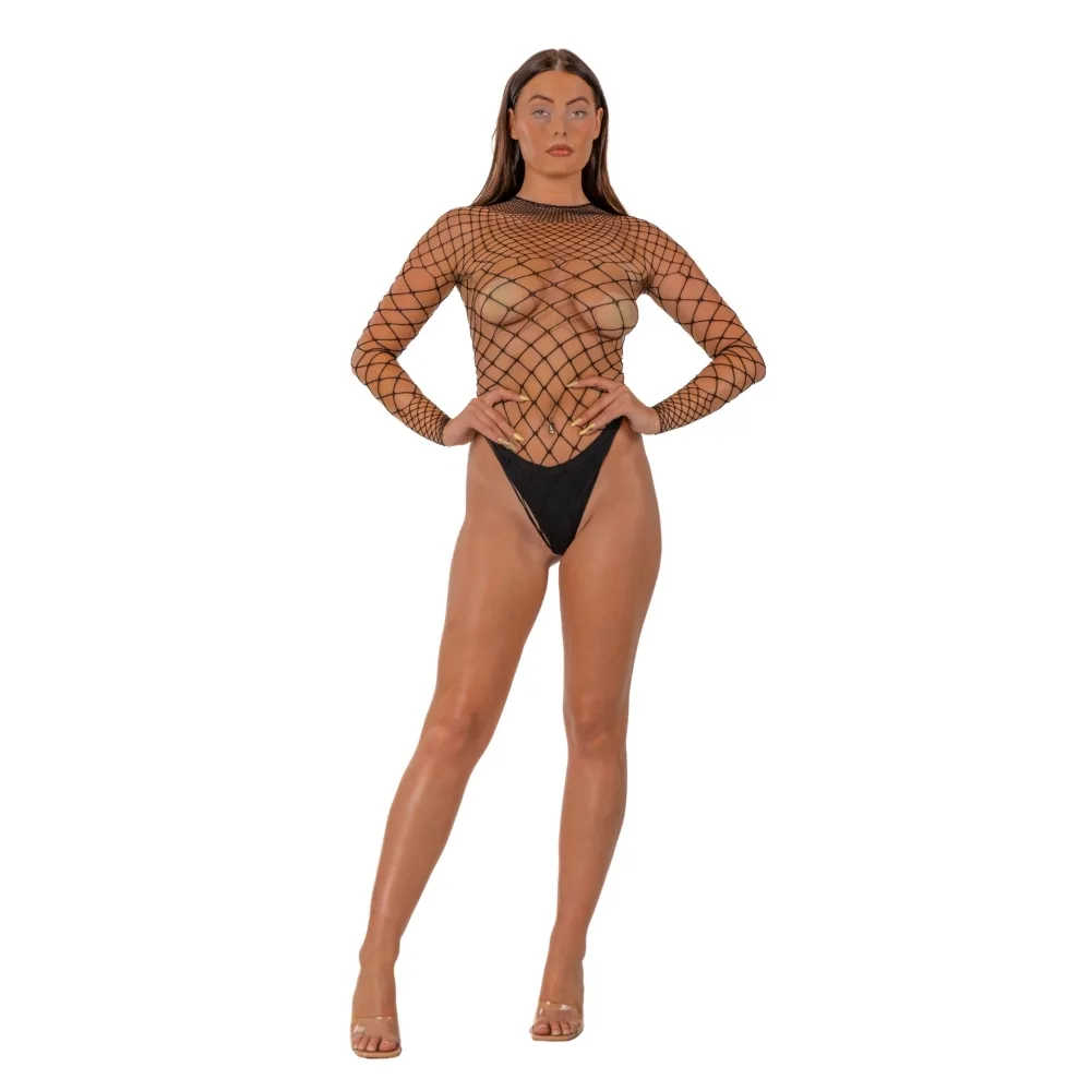 Lace by LJ Body Tanga de Rede Larga de Manga Comprida Preto