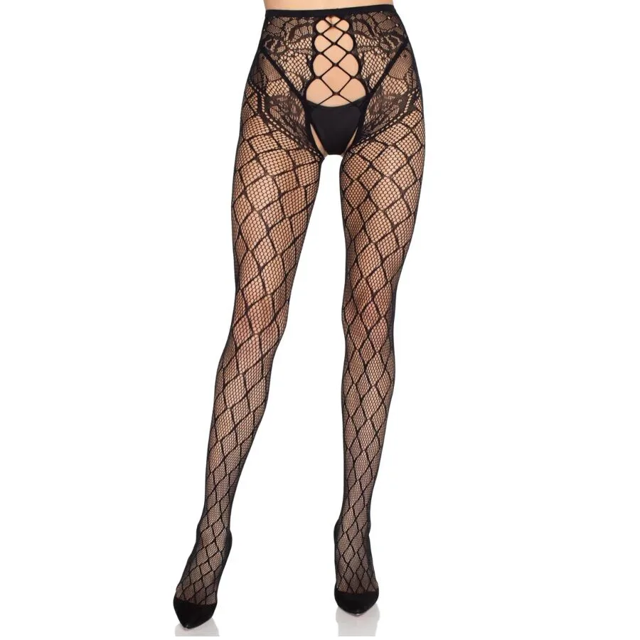 LEG AVENUE - MEIA-CALÇA DE REDE 1966 COM CALCINHA SEM FUNDO PRETA - TAMANHO ÚNICO