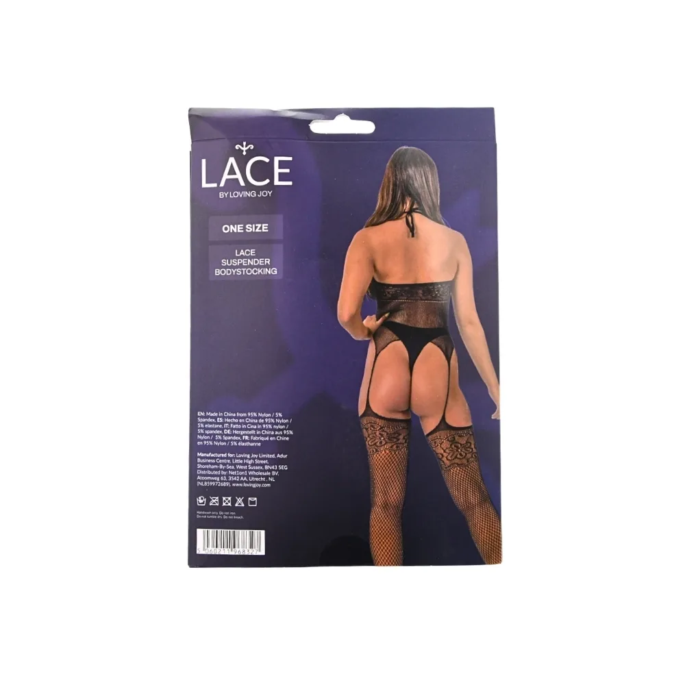 Lace by LJ Bodystocking de Renda com Ligas Preto