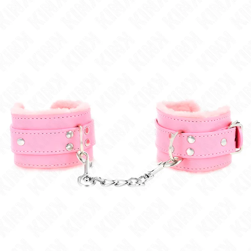 KINK - FUR LINED WRIST RESTRAINTS PINK WITH PINK BELT ADJUSTABLE 17-29 CM X 6 CM