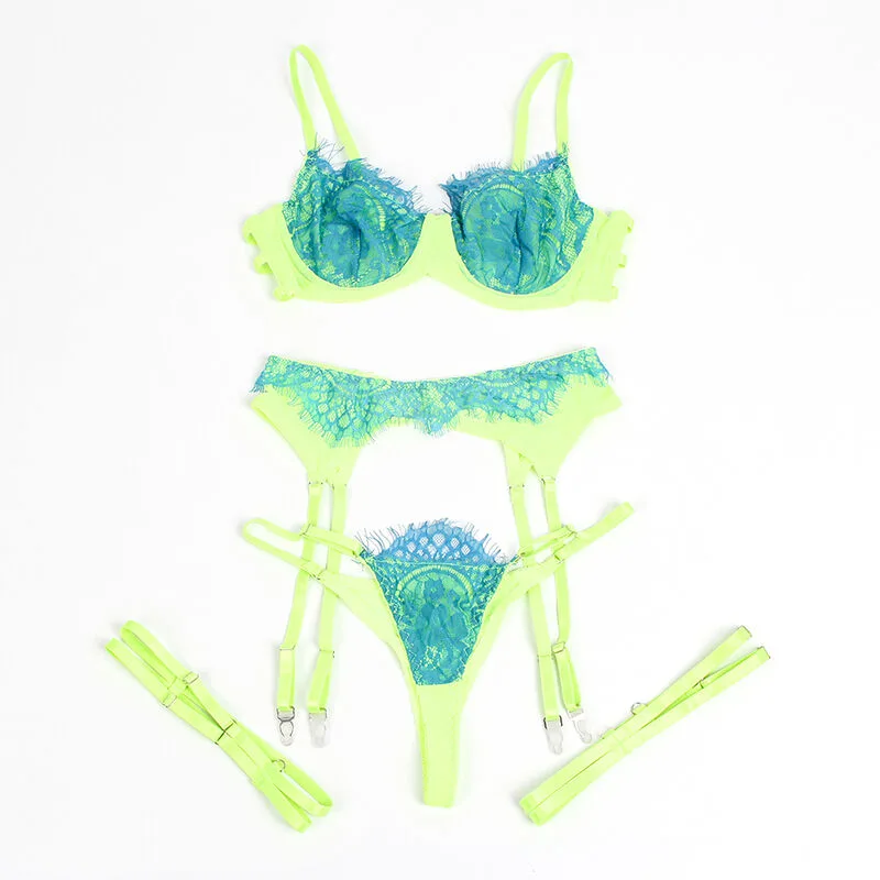 SUBBLIME - 955311 CONJUNTO DE SUTIÃ COM RENDA E LIGAS VERDE E AZUL S/M