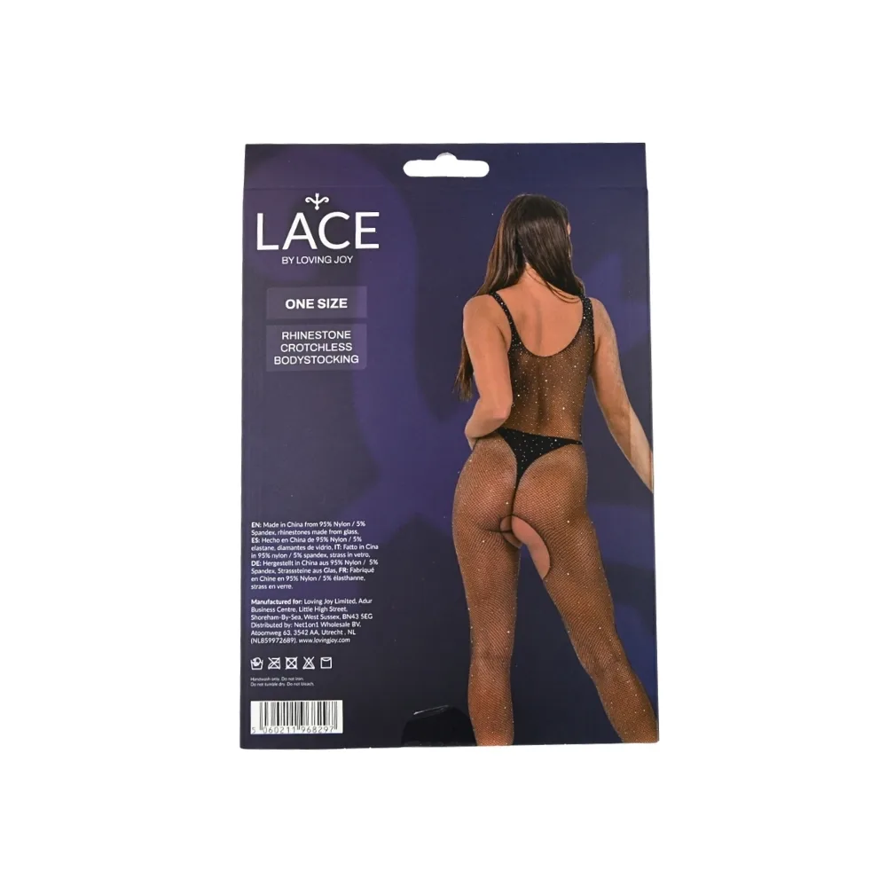 Lace by LJ Bodystocking Sem Entrepernas com Strass Preto