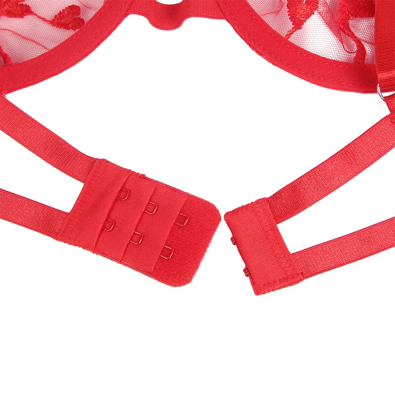 SUBBLIME - 954338 HEART PRINT BRA + THONG + GARTER BELT RED L/XL