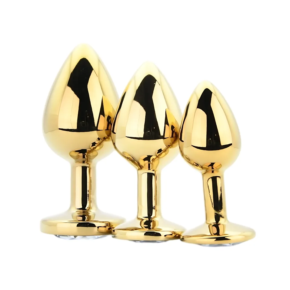 Toosh Plug Anal de Metal Dourado Conjunto de 3 Pedra Transparente