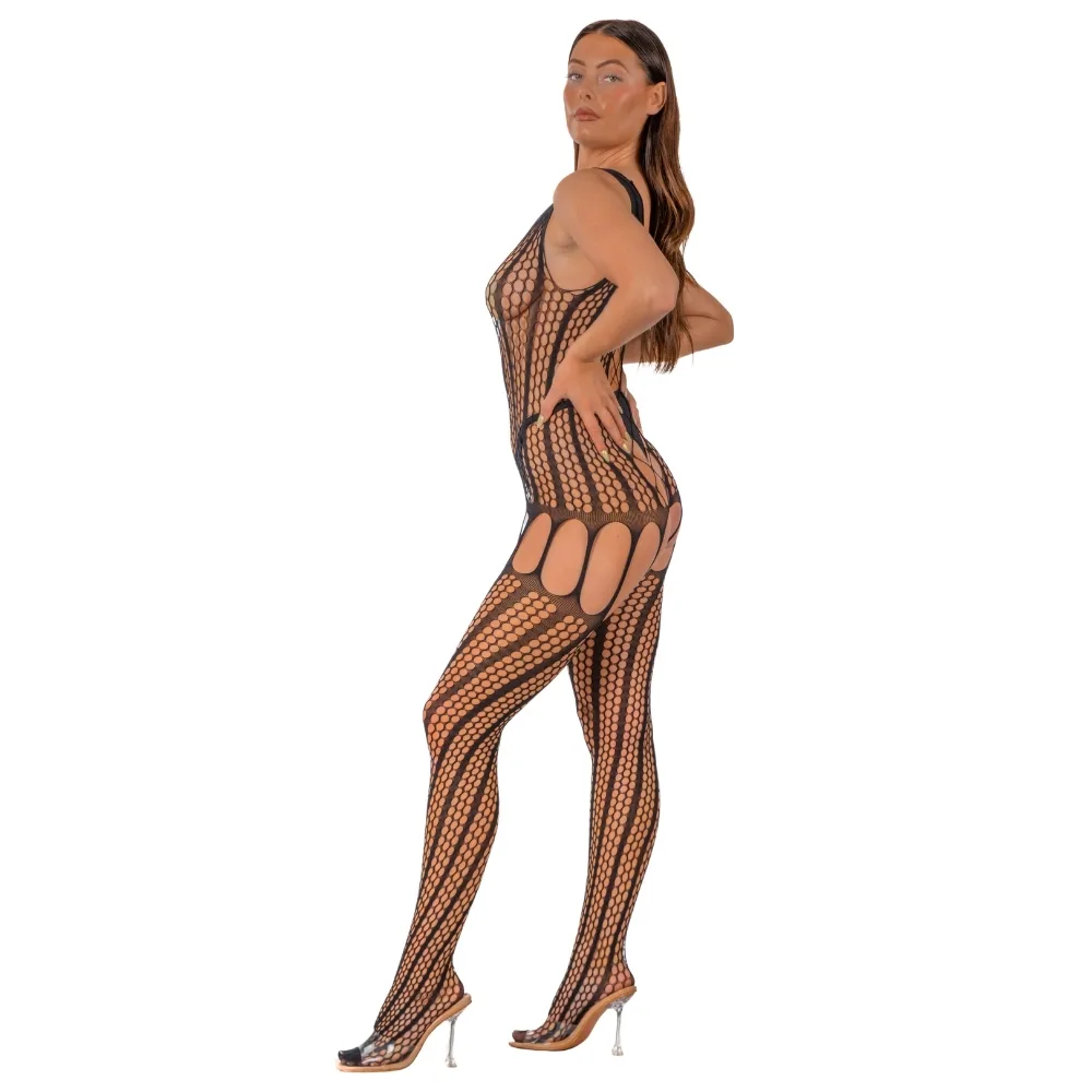 Lace by LJ Bodystocking de Crochet com Atilhos nas Costas Preto