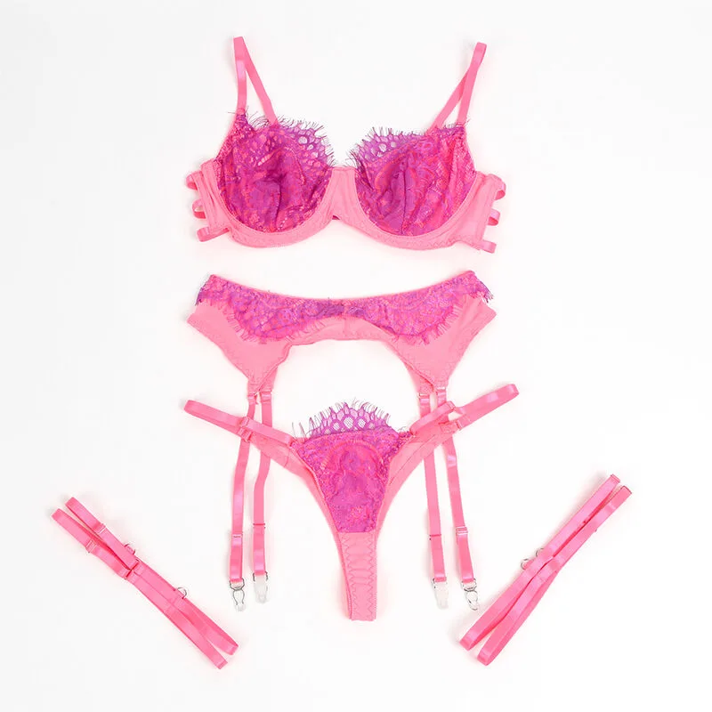 SUBBLIME - 955366 CONJUNTO DE SUTIÃ COM RENDA E LIGAS ROSA E ROXO L/XL