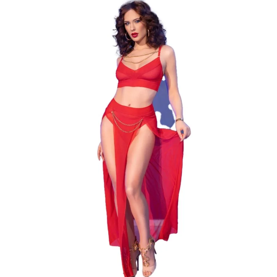 CHILIROSE - CR 4850 RED TOP AND LEGGINGS SET WITH GOLDEN ACCESSORIES M