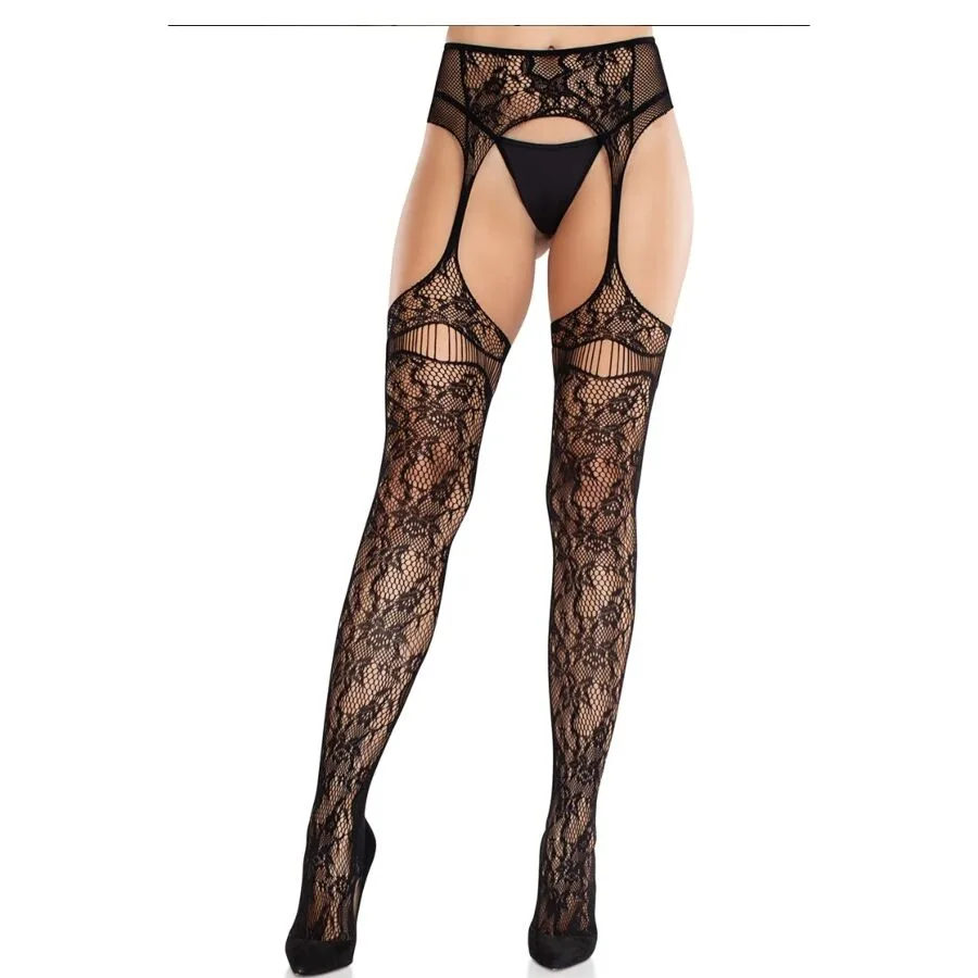 LEG AVENUE - MEIAS DE RENDA COM LIGAS PRETAS