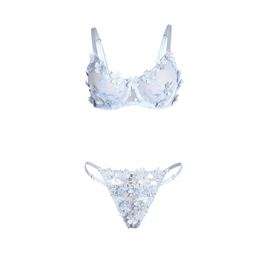 SUBBLIME - 957636 CONJUNTO DE SUTIÃ E CALCINHA BORDADOS COM FLORES AZUL CELESTE
