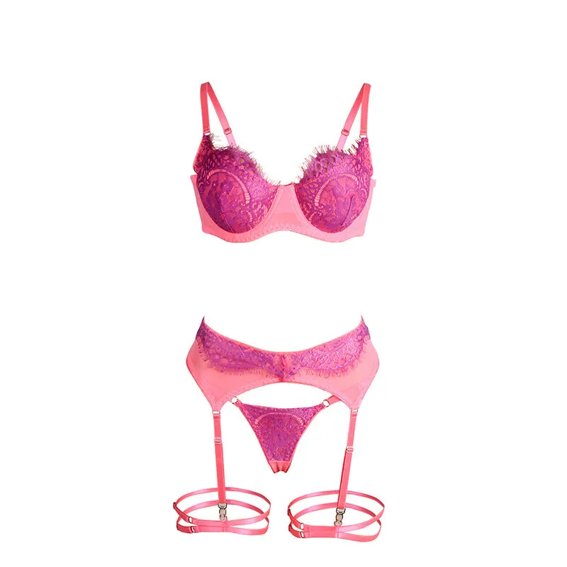 SUBBLIME - 955366 CONJUNTO DE SUTIÃ COM RENDA E LIGAS ROSA E ROXO L/XL