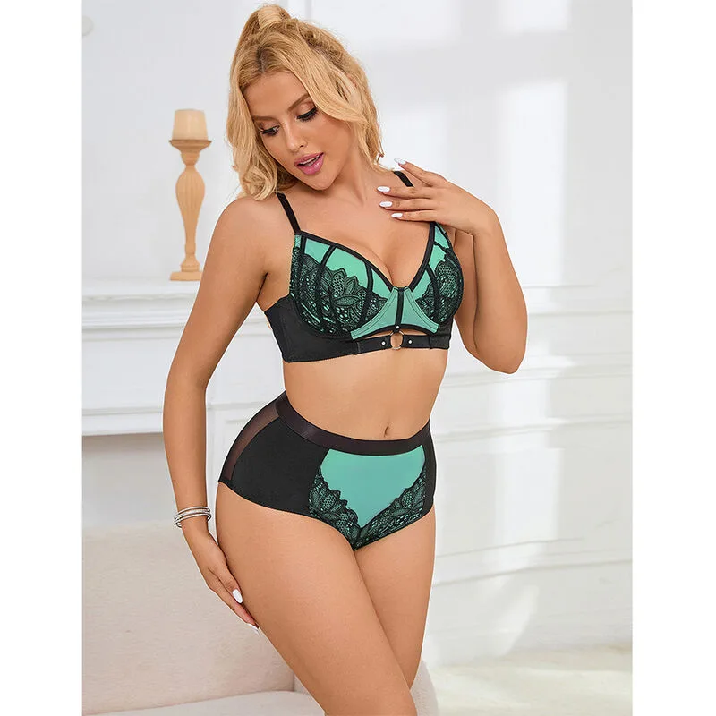 SUBBLIME - 955557 CONJUNTO DE SUTIÃ DE COURO VERDE COM ZÍPER DE MALHA S/M