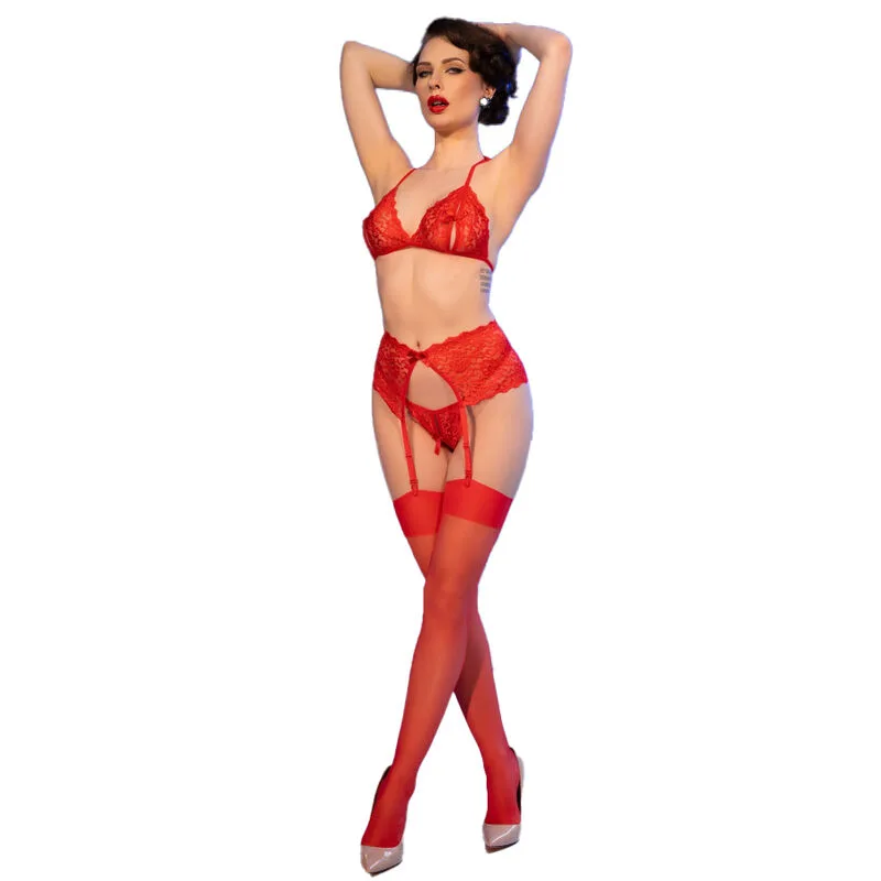 CHILIROSE - CR 4848 CONJUNTO SUTIÃ DE RENDA VERMELHA + TANGA + MEIAS