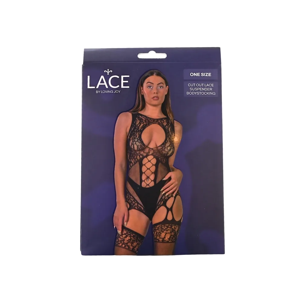 Lace by LJ Bodystocking de Renda Recortada com Ligas Preto