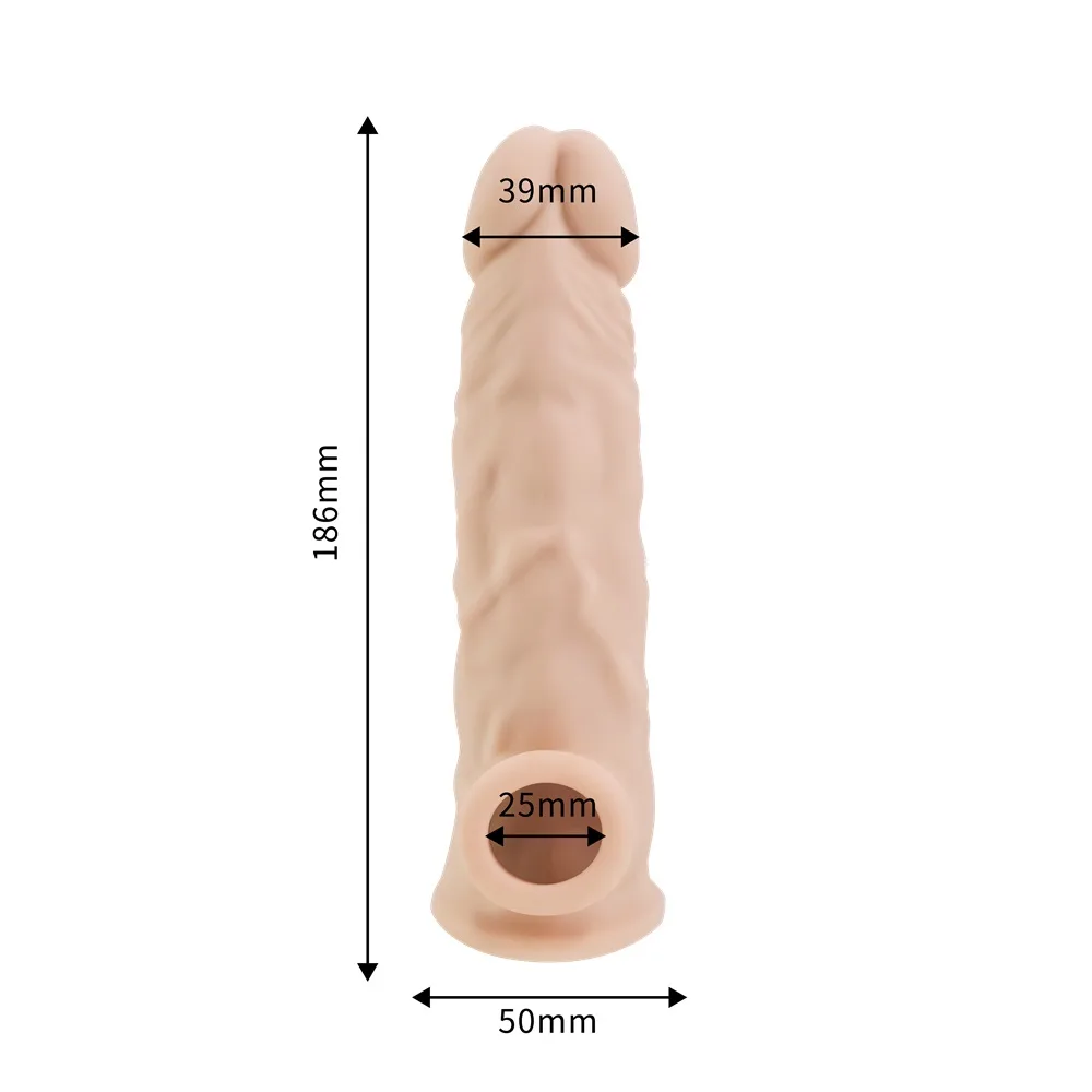 Rev-Sleeves Manga de Extensão Peniana Realista e Grossa de Silicone 7.5 Polegadas