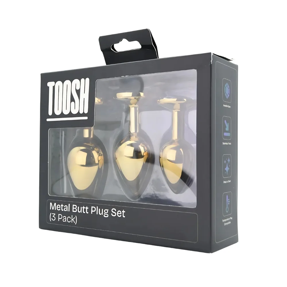 Toosh Plug Anal de Metal Dourado Conjunto de 3 Pedra Transparente