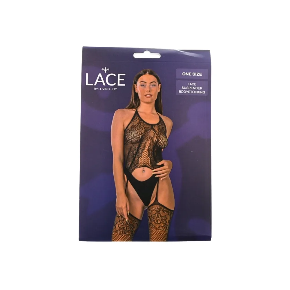 Lace by LJ Bodystocking de Renda com Ligas Preto