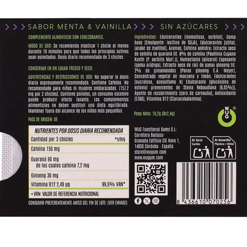 WUG ON - FUNCTIONAL CAFFEINE & GUARANA GUM MINT & VANILLA FLAVOUR BLISTER 8 PCS