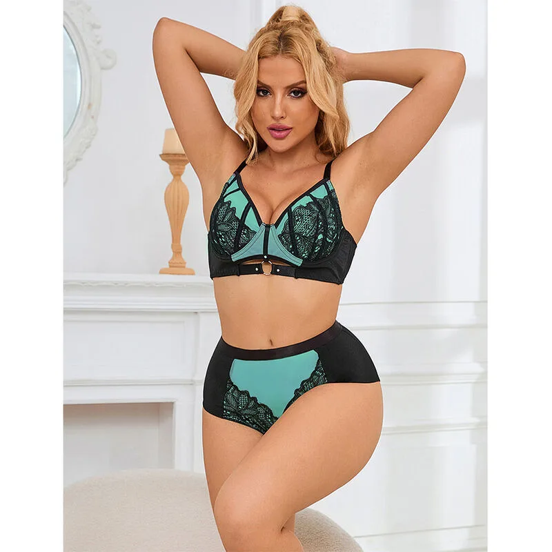 SUBBLIME - 955557 CONJUNTO DE SUTIÃ DE COURO VERDE COM ZÍPER DE MALHA S/M