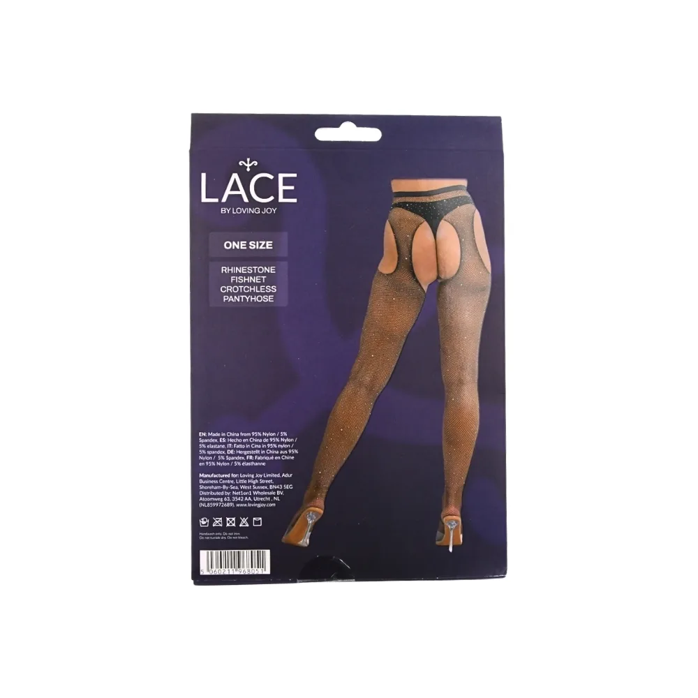 Lace by LJ Collants de Rede Sem Entrepernas com Strass Preto