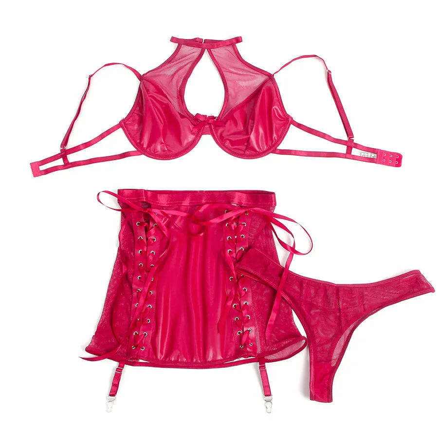 SUBBLIME - 957612 CONJUNTO DE SUTIÃ E SAIA DE COURO VERMELHO