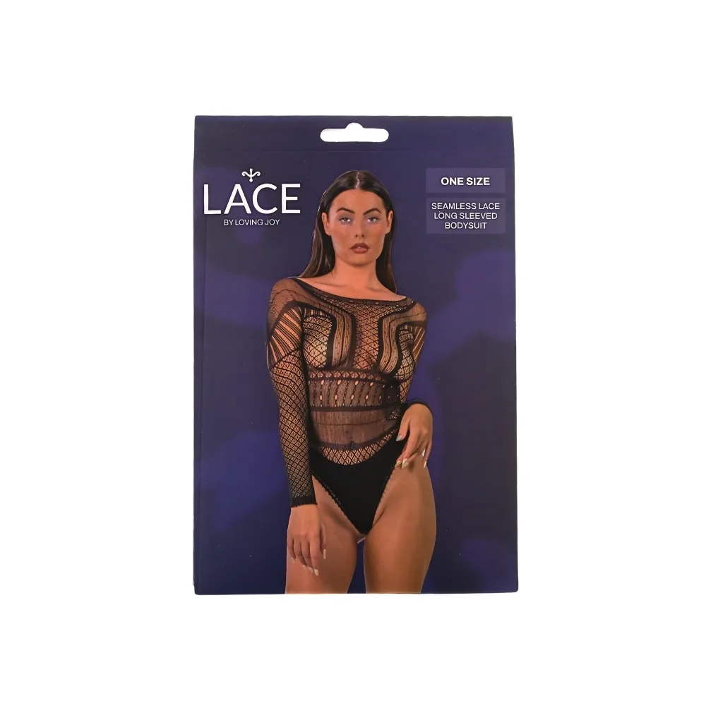 Lace by LJ Body de Renda Sem Costuras de Manga Comprida Preto