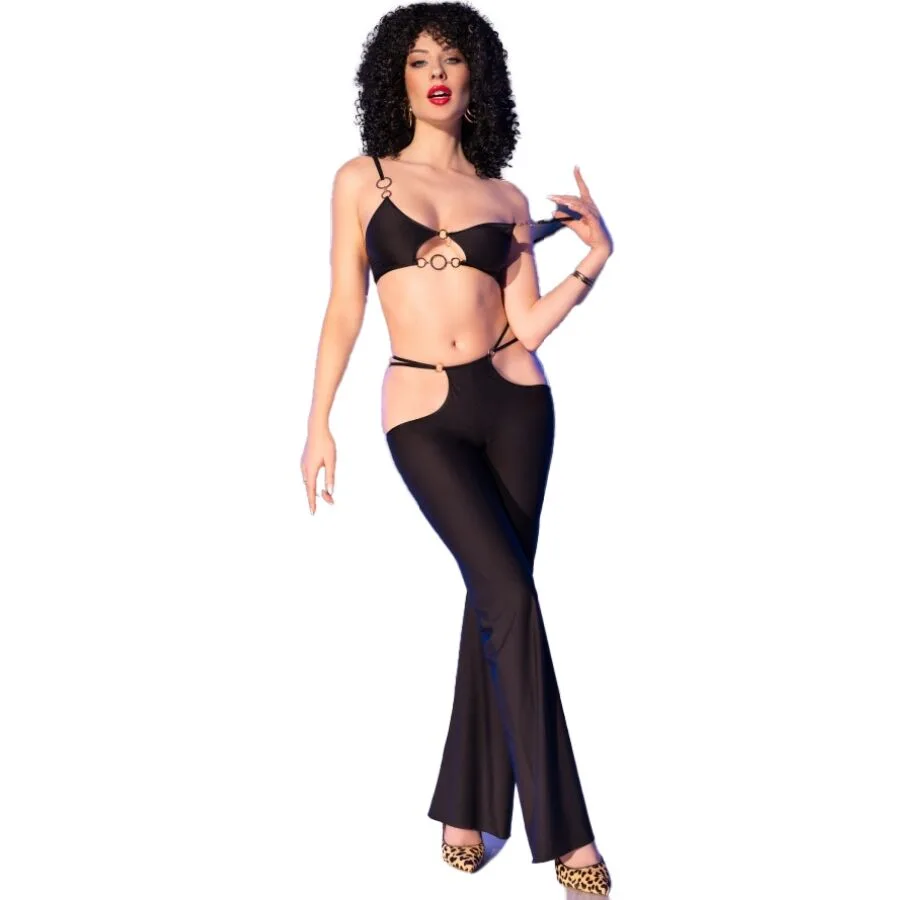 CHILIROSE - CR 4851 CONJUNTO DE TOP E LEGGING PRETO COM ACESSÓRIOS DOURADOS