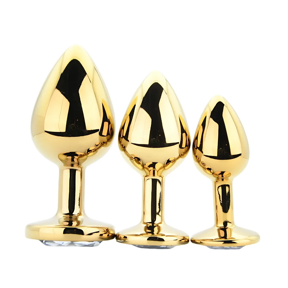 Toosh Plug Anal de Metal Dourado Conjunto de 3 Pedra Transparente