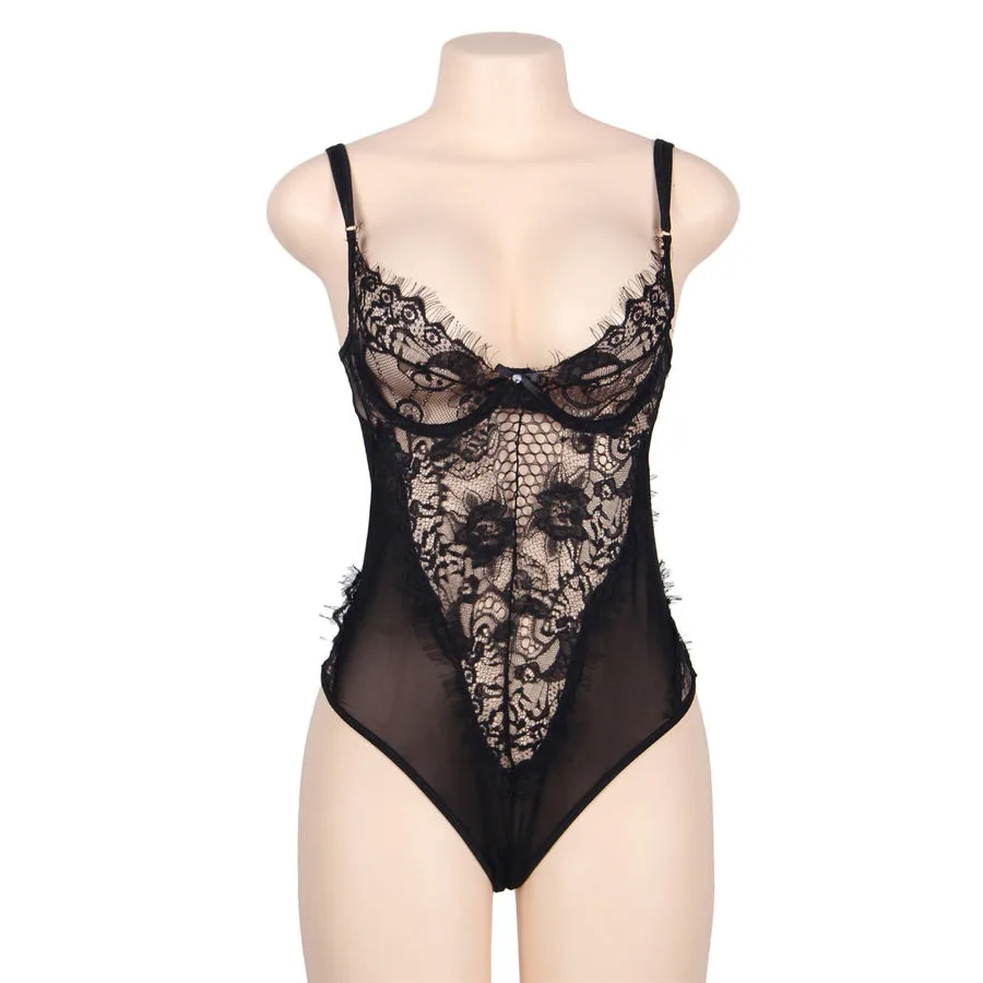 Subblime - Queen Plus Renda Floral e Peluche Preta Fringada