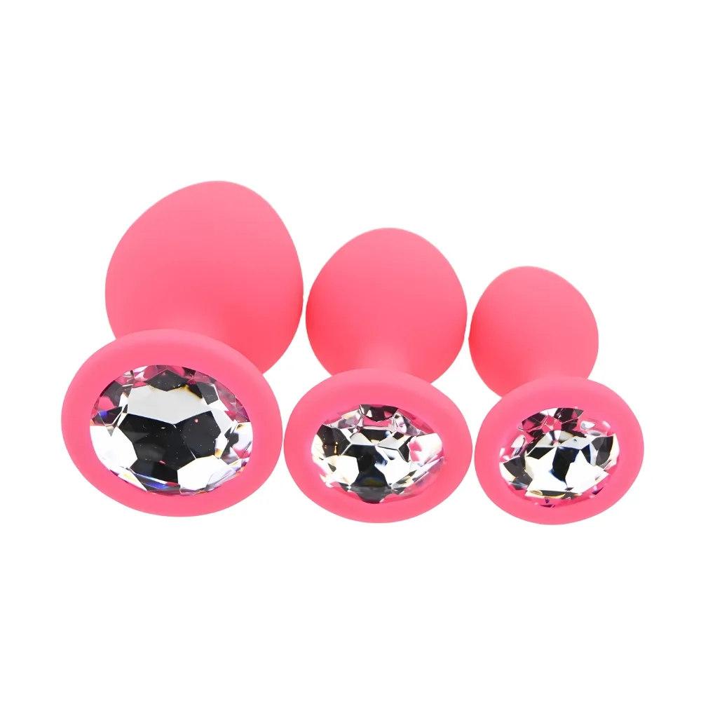 Toosh Plug Anal de Silicone Rosa Conjunto de 3 Pedra Transparente