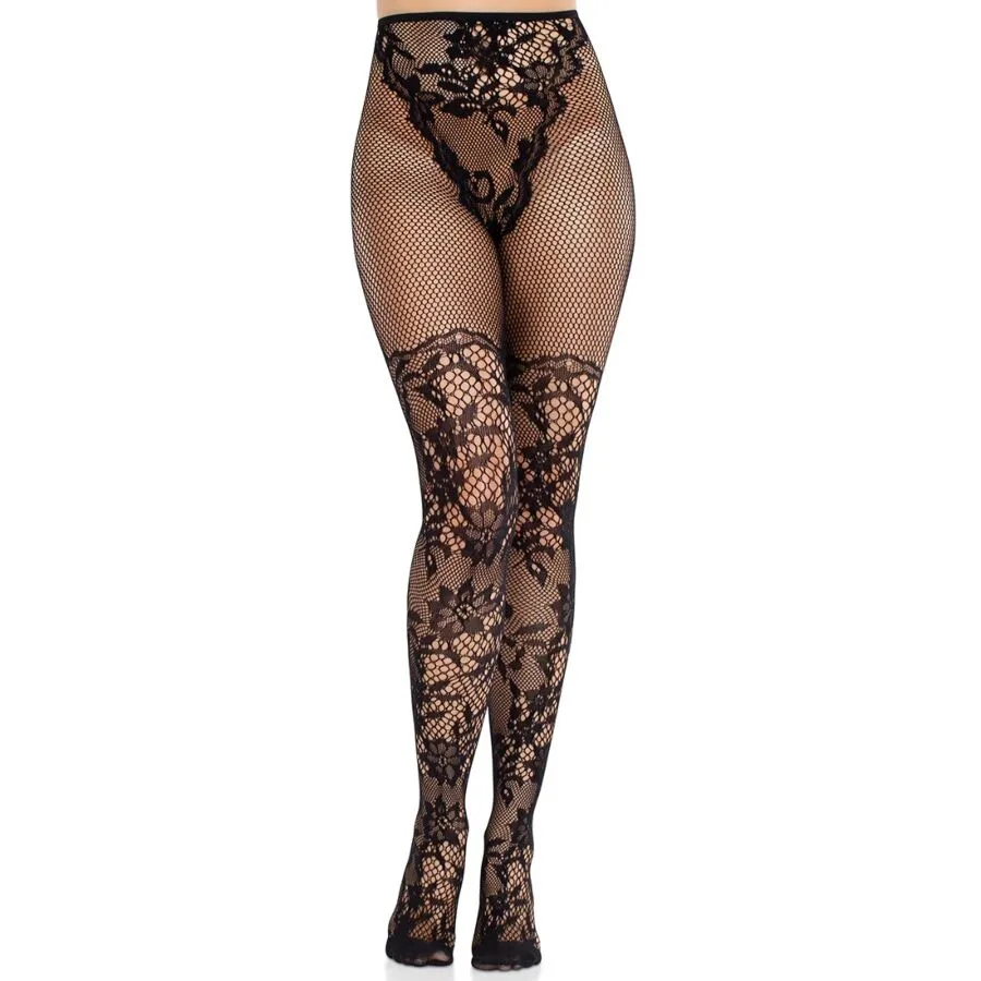 LEG AVENUE - MEIAS DE RENDA DÁLIA COM DETALHE DE REDE PRETAS