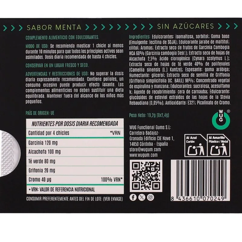 WUG DIET - GOMA DE HORTELÃ FUNCIONAL SEM AÇÚCAR, EM CARTELA COM 8 UNIDADES