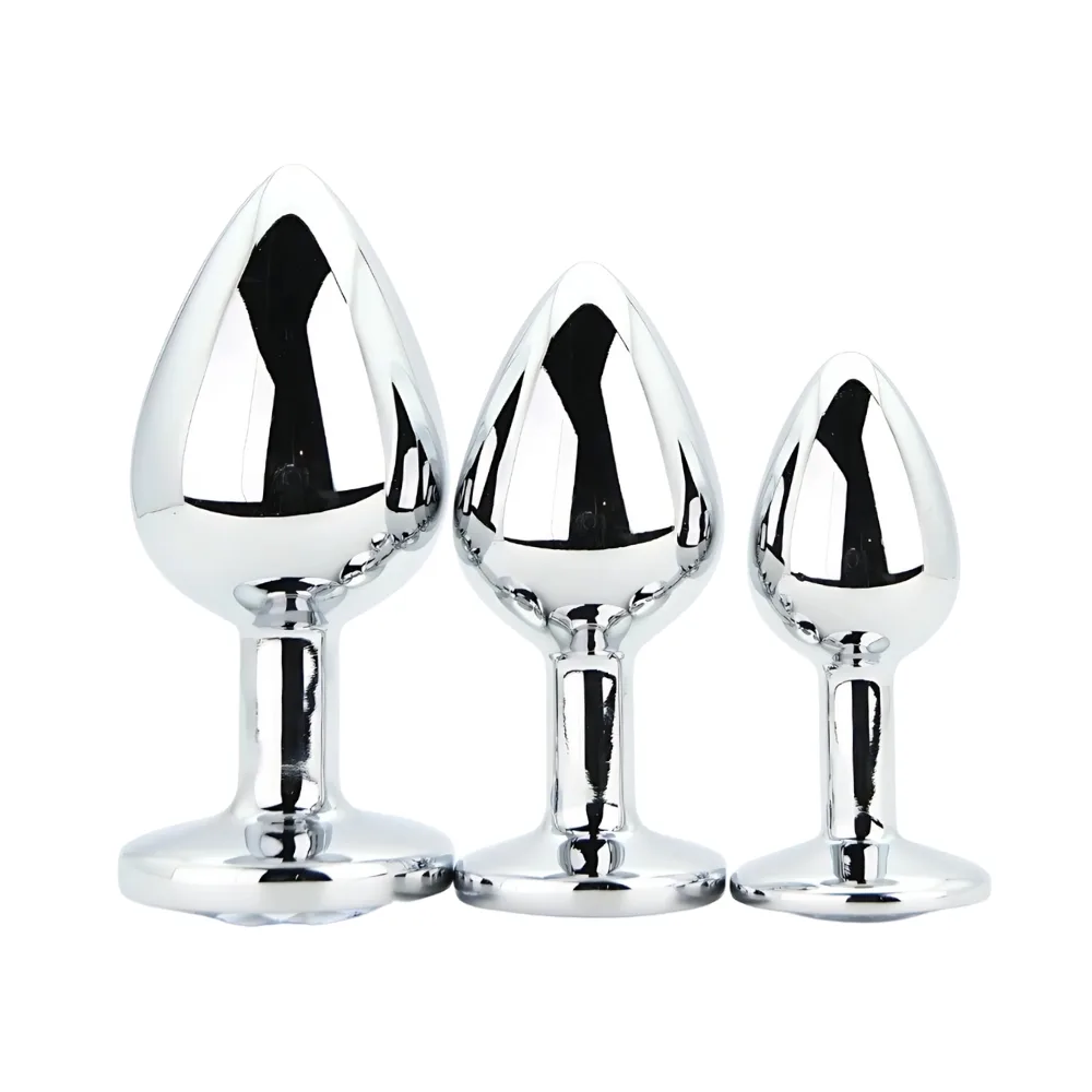 Toosh Plug Anal de Metal Prateado Conjunto de 3 Pedra Transparente