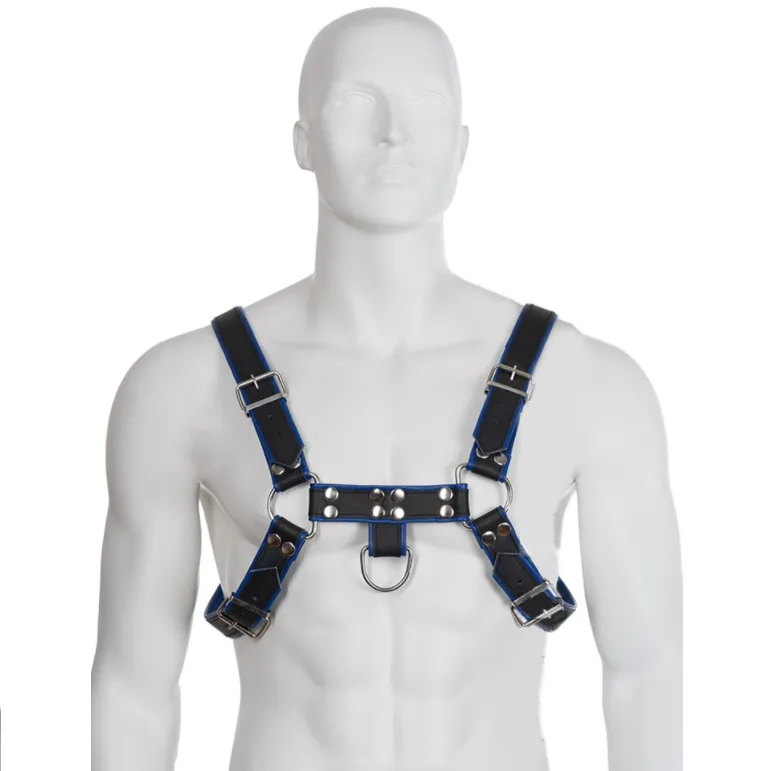 Pele Body - Arnês de Couro Azul e Preto Peito Bulldog