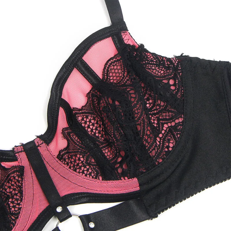 SUBBLIME - 955588 CONJUNTO DE SUTIÃ DE COURO VERDE COM ZÍPER DE MALHA ROSA L/XL