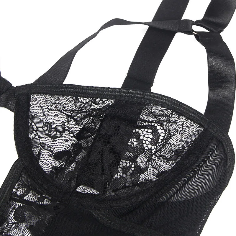 SUBBLIME - TEDDY WITH GARTER WITH LACE DETAIL AND STRIPS BLACK