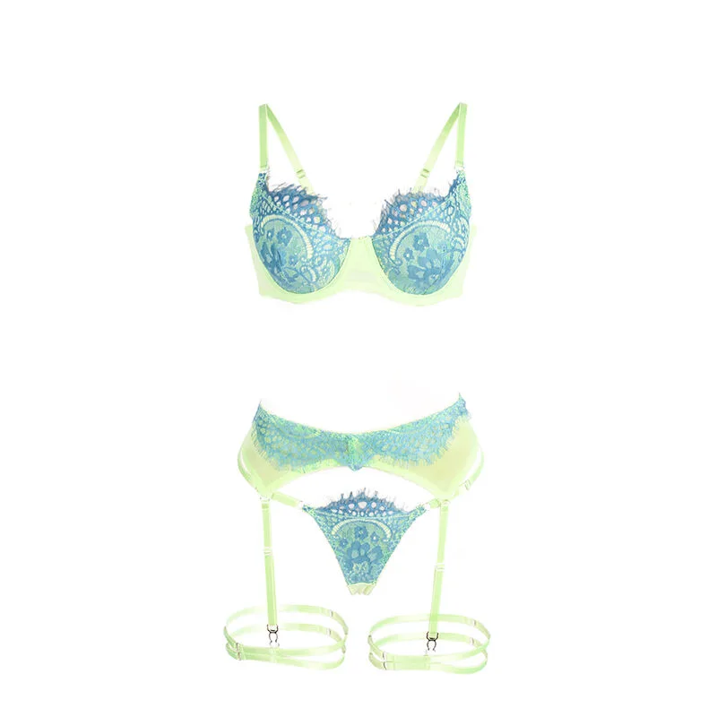 SUBBLIME - 955311 CONJUNTO DE SUTIÃ COM RENDA E LIGAS VERDE E AZUL S/M