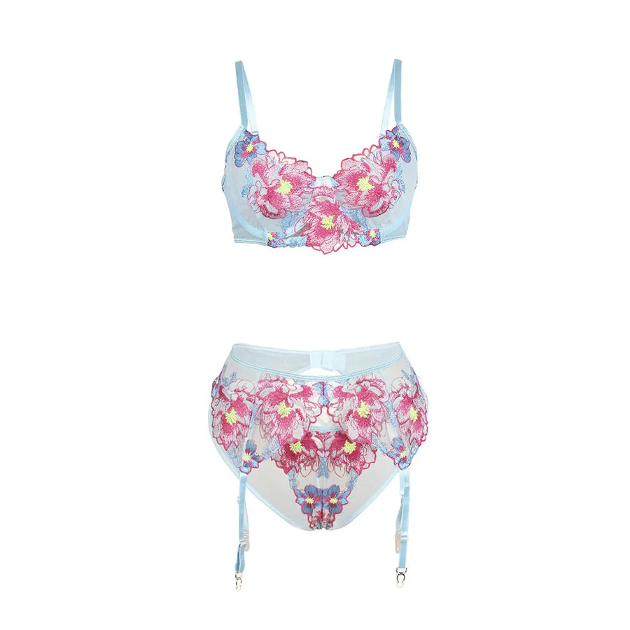 SUBBLIME - 957643 FLOWER EMBROIDERED BRA AND GARTER BELT SET PINK S/M