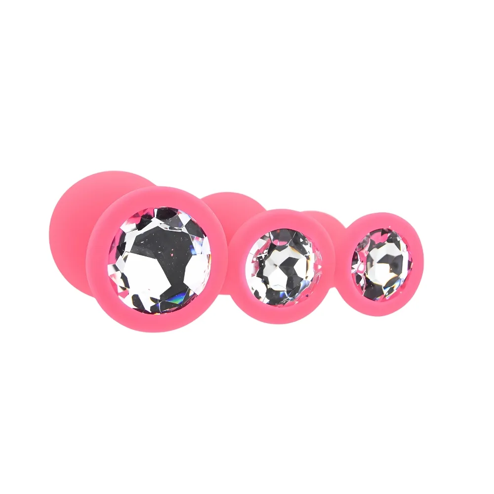 Toosh Plug Anal de Silicone Rosa Conjunto de 3 Pedra Transparente