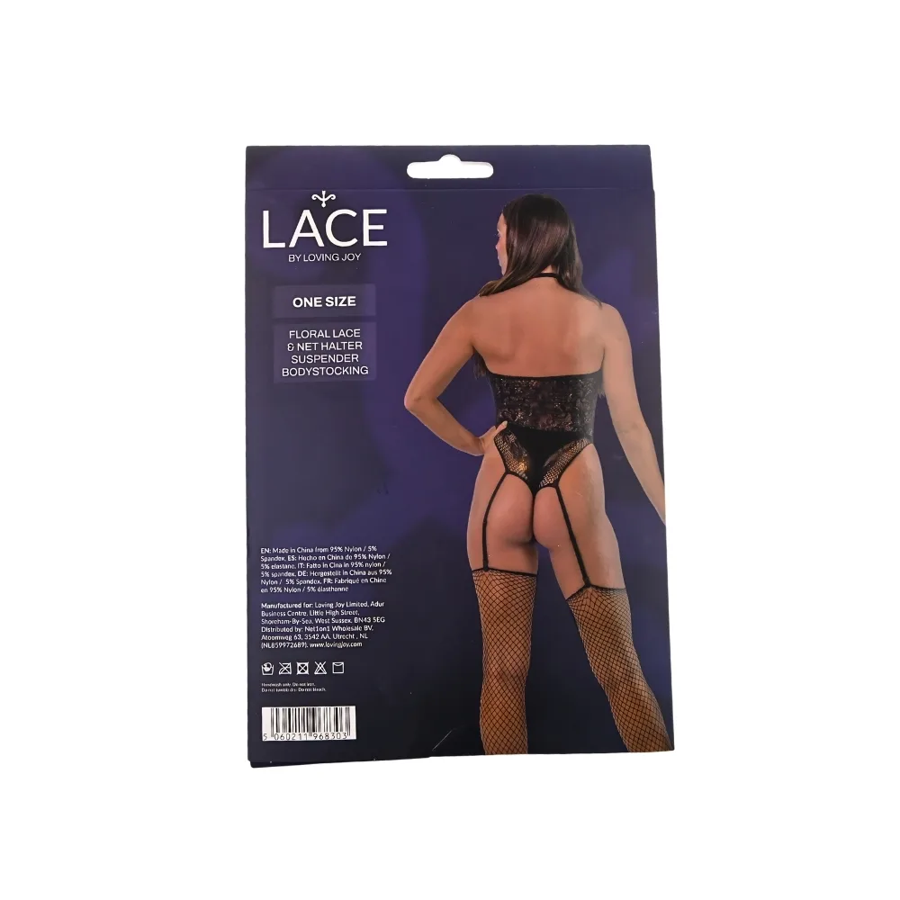 Lace by LJ Bodystocking Halter de Renda Floral e Rede com Ligas Preto