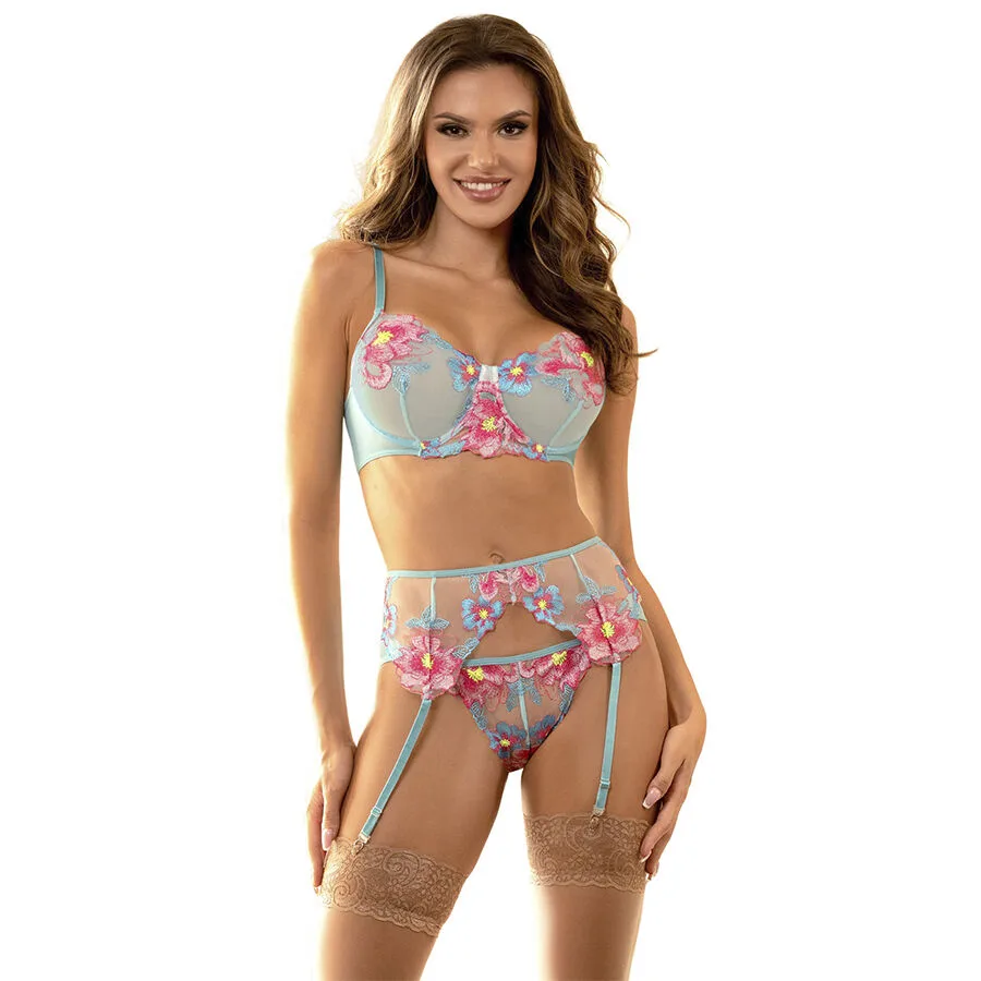 Subblime - 957650 Flower Embroidered Bra and Garter Belt Set Pink L/XL