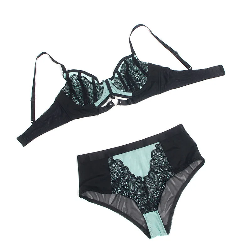 SUBBLIME - 955557 CONJUNTO DE SUTIÃ DE COURO VERDE COM ZÍPER DE MALHA S/M