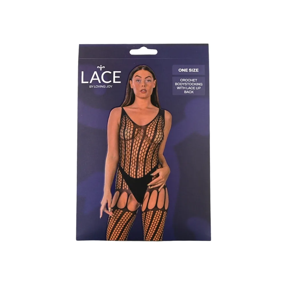 Lace by LJ Bodystocking de Crochet com Atilhos nas Costas Preto
