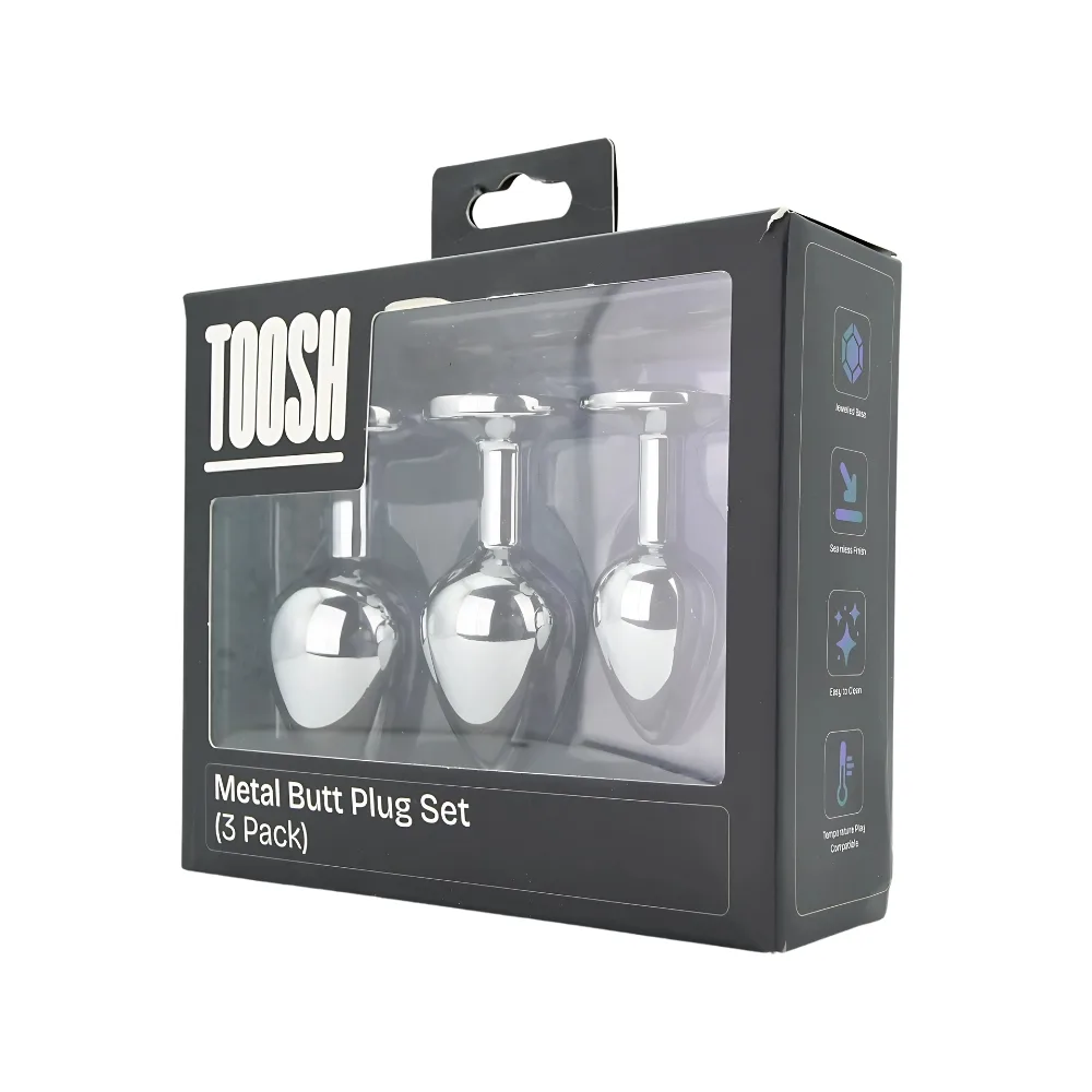 Toosh Plug Anal de Metal Prateado Conjunto de 3 Pedra Transparente