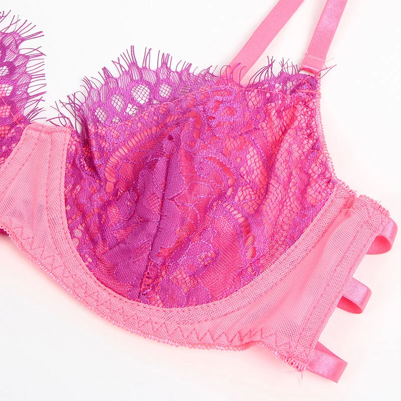 SUBBLIME - 955366 CONJUNTO DE SUTIÃ COM RENDA E LIGAS ROSA E ROXO L/XL