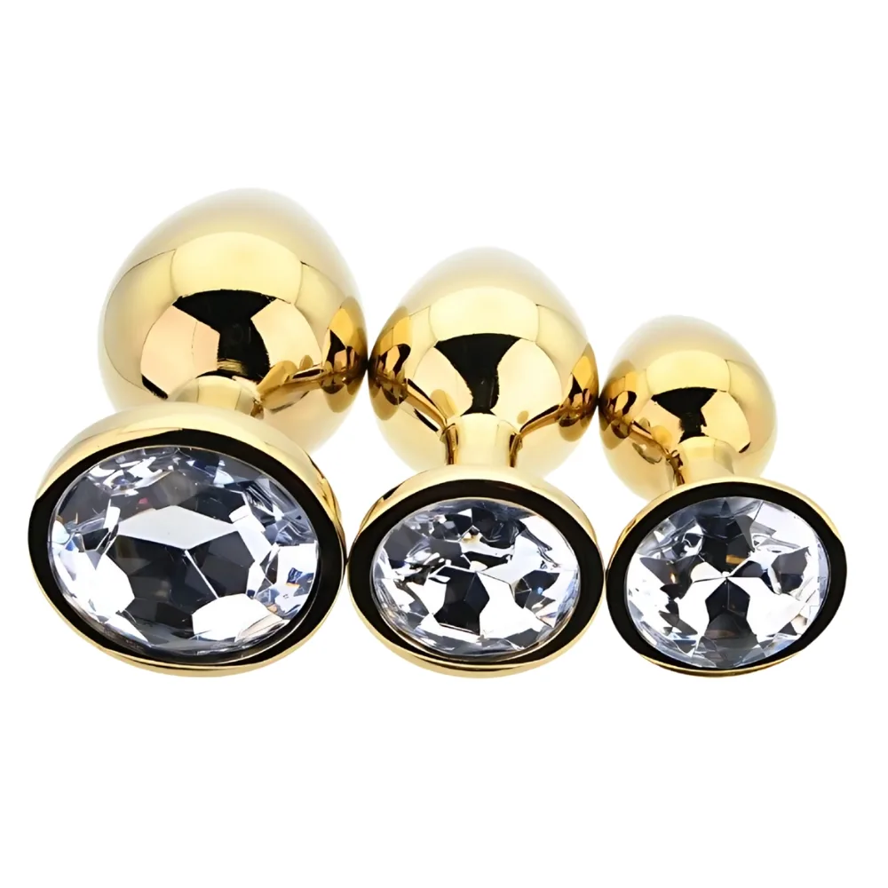 Toosh Plug Anal de Metal Dourado Conjunto de 3 Pedra Transparente