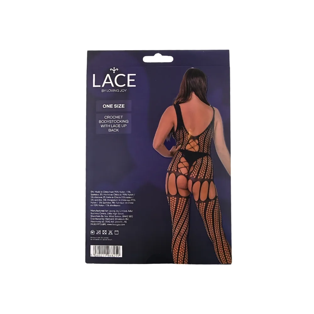 Lace by LJ Bodystocking de Crochet com Atilhos nas Costas Preto