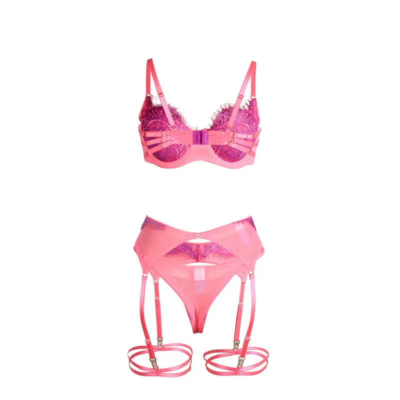 SUBBLIME - 955366 CONJUNTO DE SUTIÃ COM RENDA E LIGAS ROSA E ROXO L/XL
